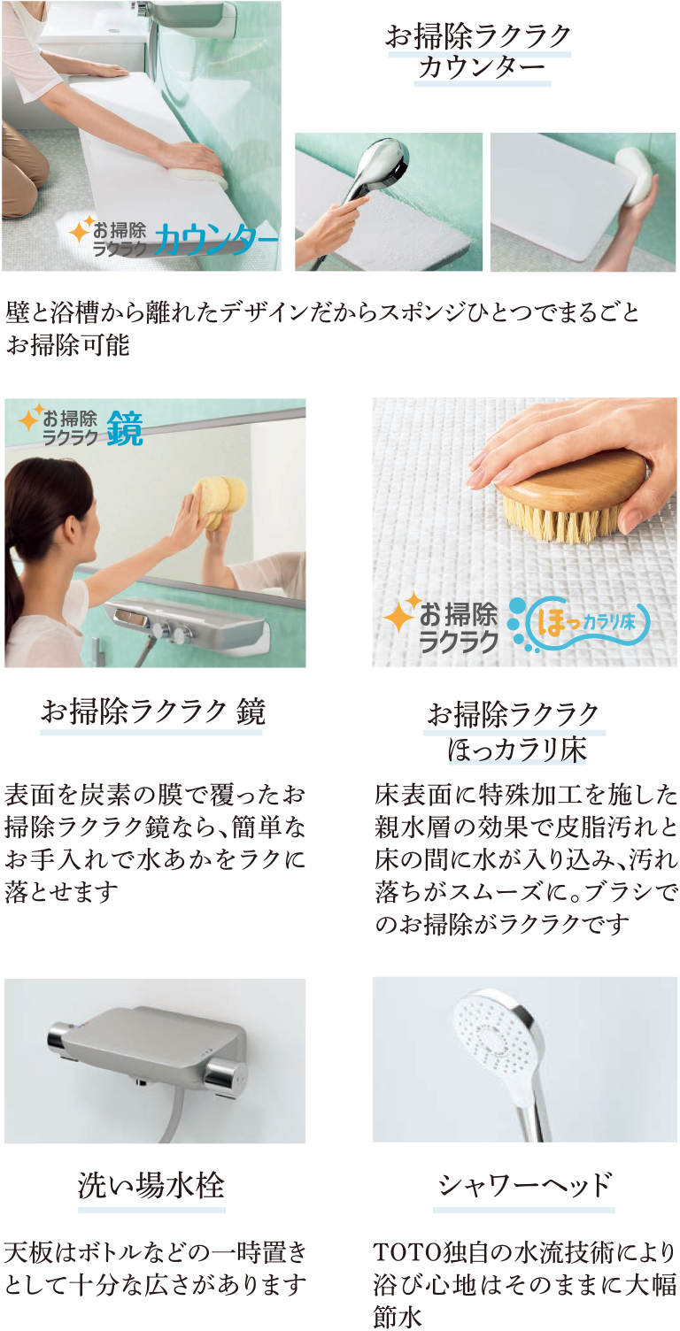 お掃除ラクラクカウンター お掃除ラクラク 鏡 お掃除ラクラクほっカラリ床 洗い場水栓 シャワーヘッド